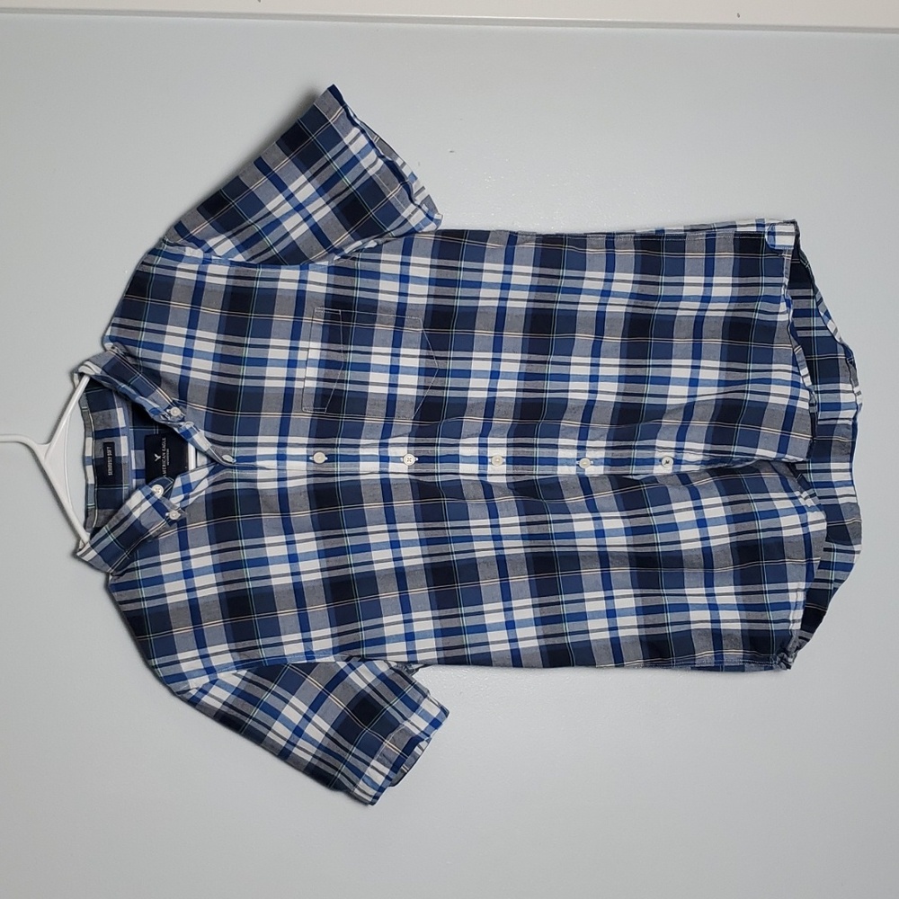 American Eagle Blue Plaid Short Sleeve Button Down Shirt 100% Cotton Grunge